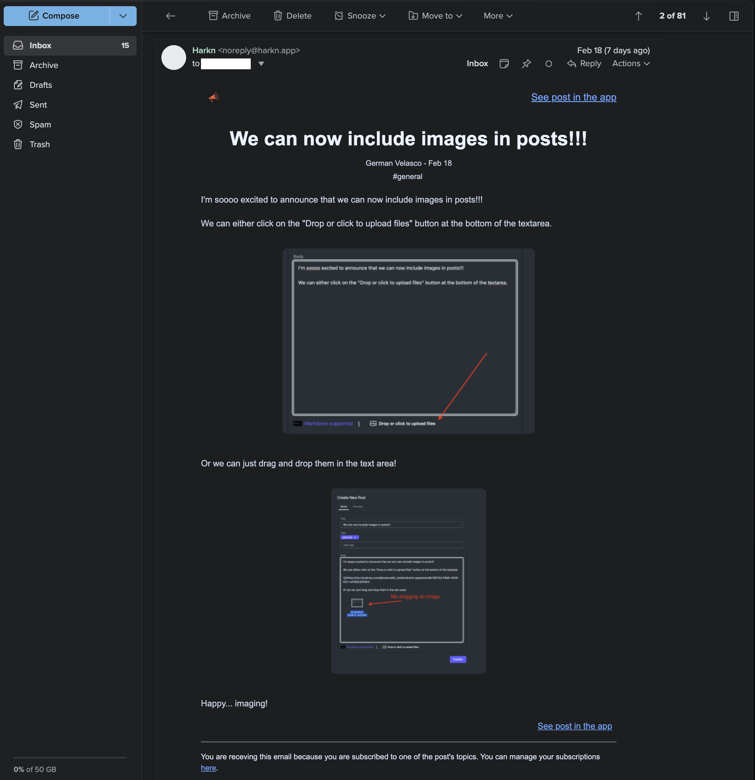 Your teammate gets the announcement in their email inbox